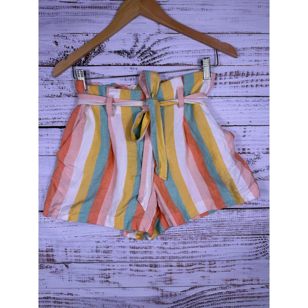 LOFT Shorts Women Small Multi-Color Striped Linen Blend Paperbag Waist 4